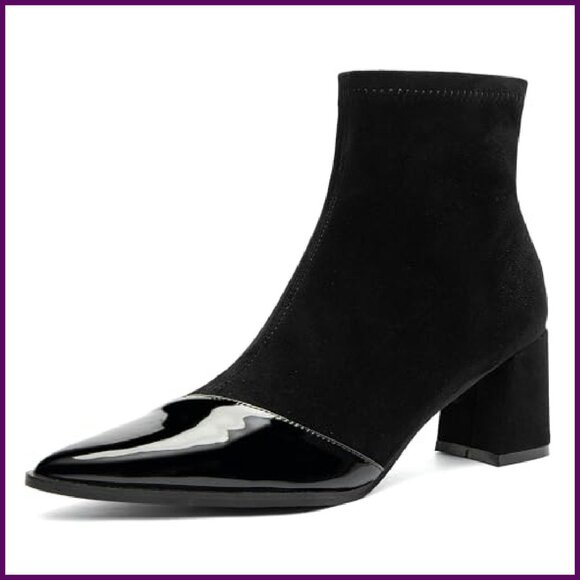Juebong Women Chunky Block Heel Ankle Boots Pointed Toe Comfort Work Casual Booties